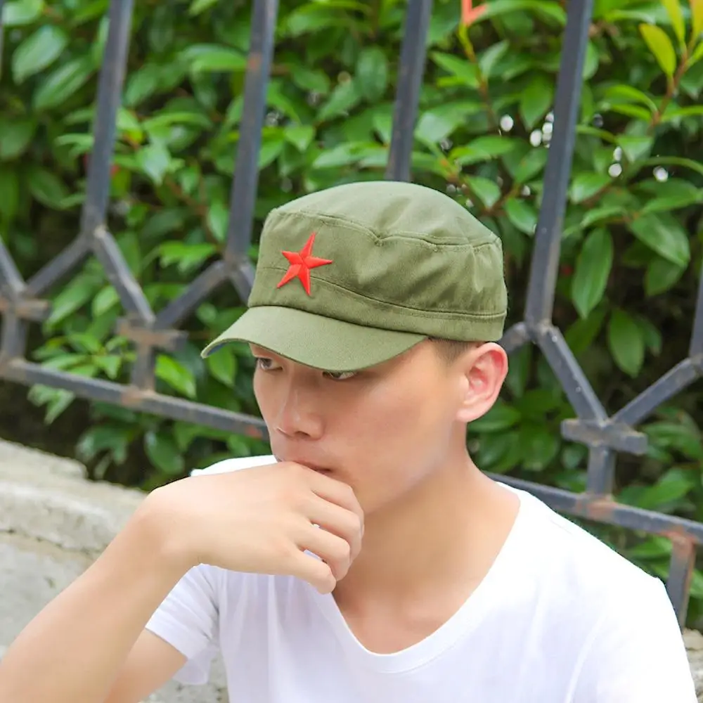 Unisex Cotton Men Cap Spring Summer Beach Outdoor Street Street Cool Church Sunhat Flat Top Hat with Red Star