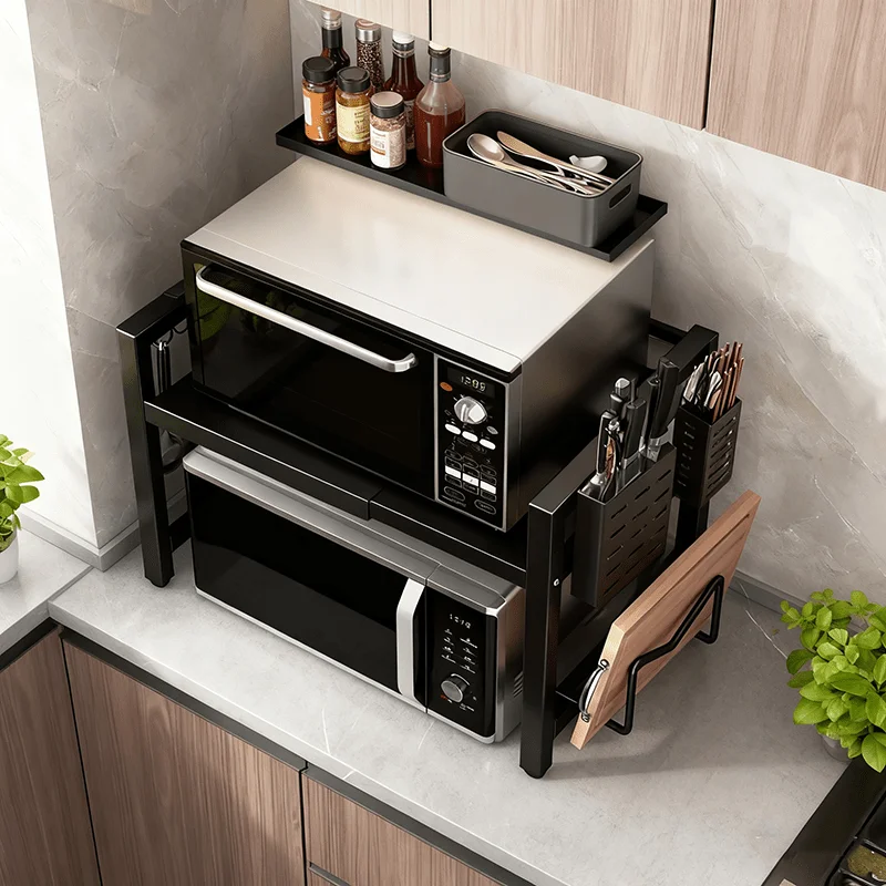 1pc Heavy-Duty Expandable Microwave Stand,Kitchen Storage Shelf,Adjustable 2-Tier Carbon Countertop Organizer