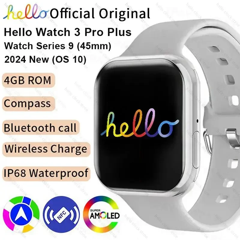 

New Hello Watch 3 Pro Plus Smart Watch Serie 9 45mm HD AMOLED 4G ROM NFC Compass Clock Bluetooth Call Smartwatch 2024 Men Women