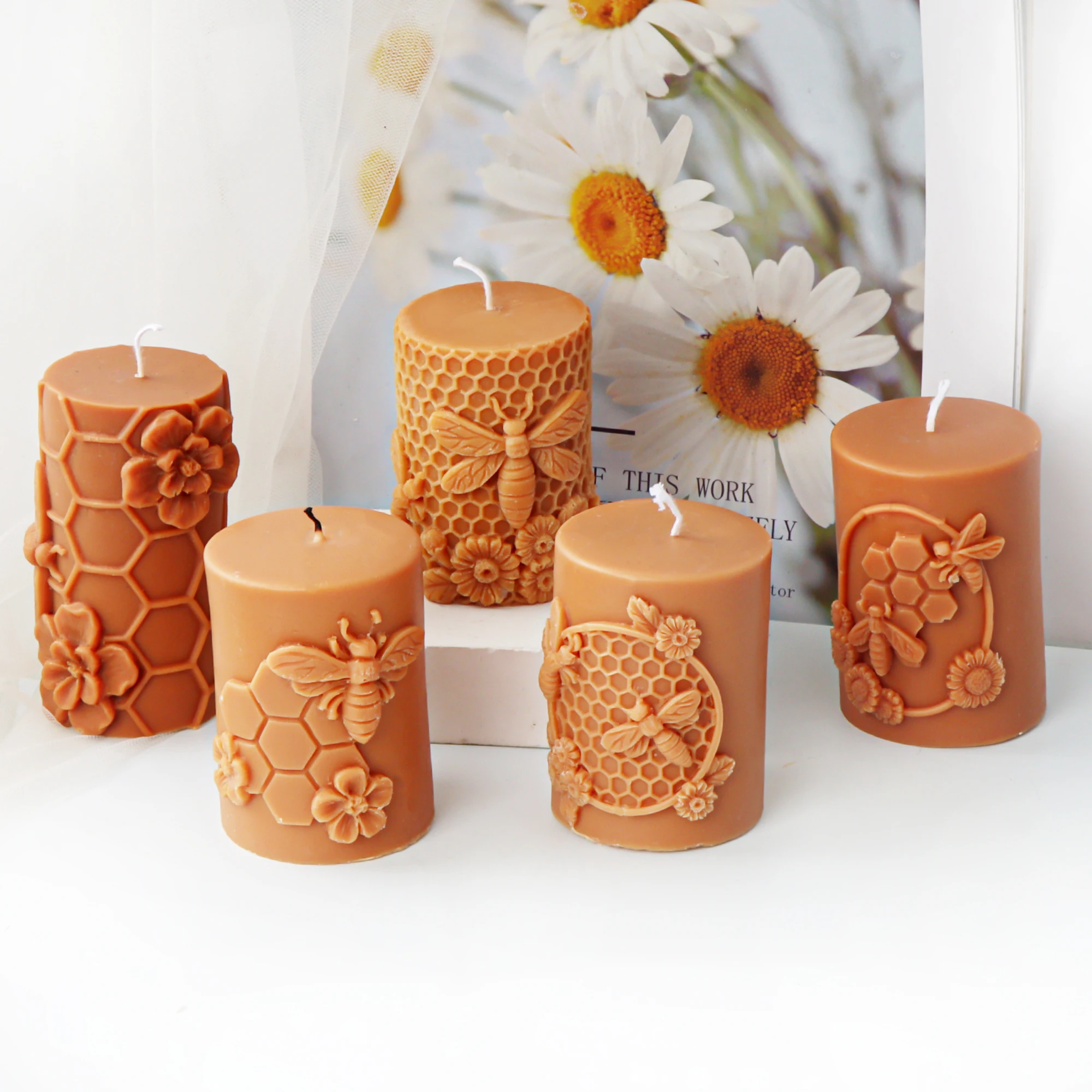 3D Relief Bee Cylindrical Candle Silicone Mold DIY Honeycomb Column Aromatherapy Candle Plaster Making Tool Handmade Gift Decor aromatherapy candle mold,silicone mold,silicone candle molds,silicone candle mold,cylindrical candle mold,candle mold