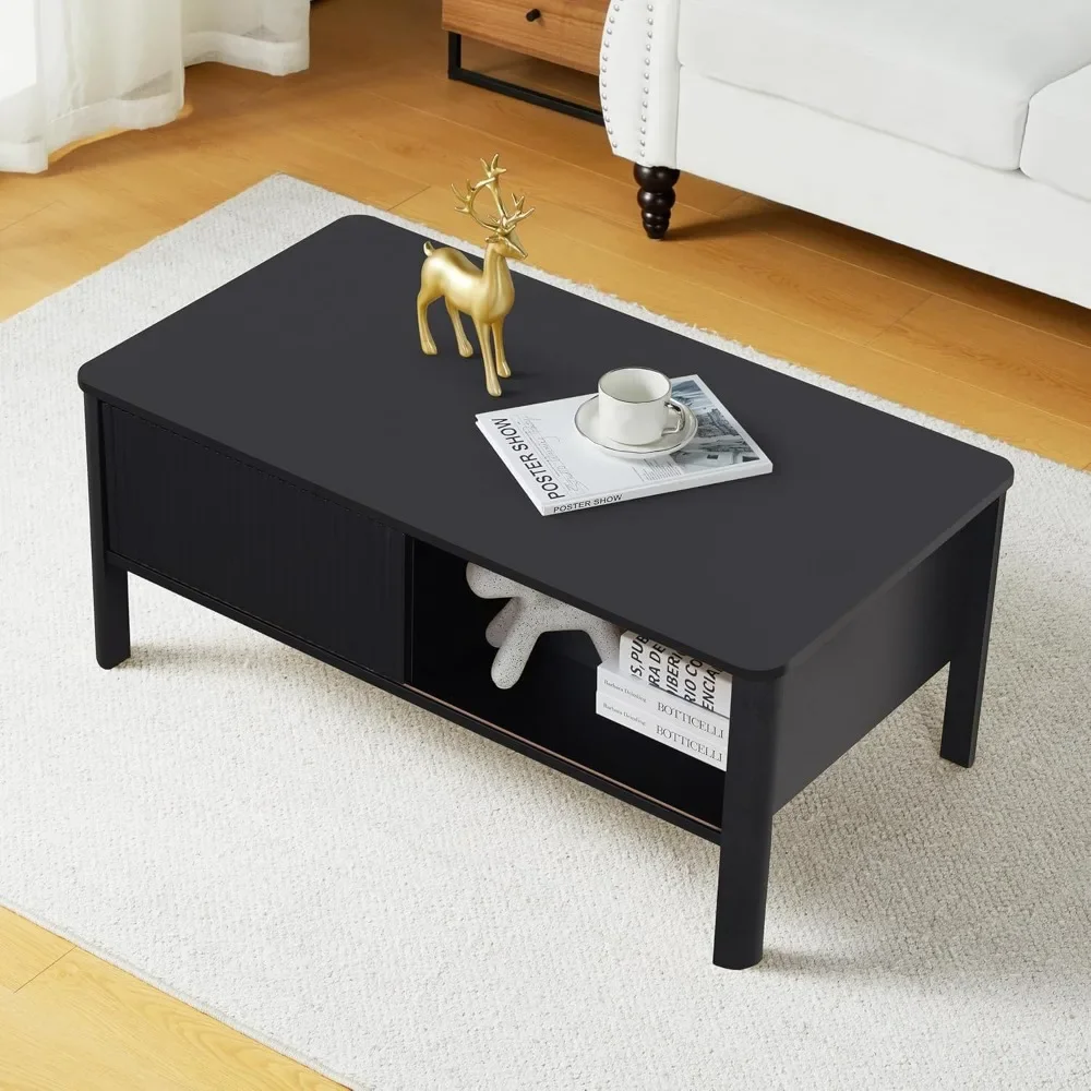 Wooden Fluted Lift Top Coffee Table with Hidden Compartment, Modern Rectangle Center Tables with Adjustable Storage Shelf, Lift 6
