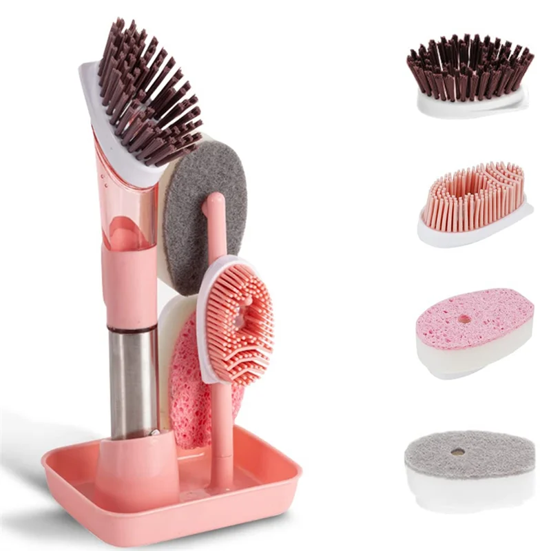 A69edish Cleaning Brush-Soap Dispensing Dish Brush Set & 4 Replacement Heads Storage Holder For Dish Pot Pan Sink