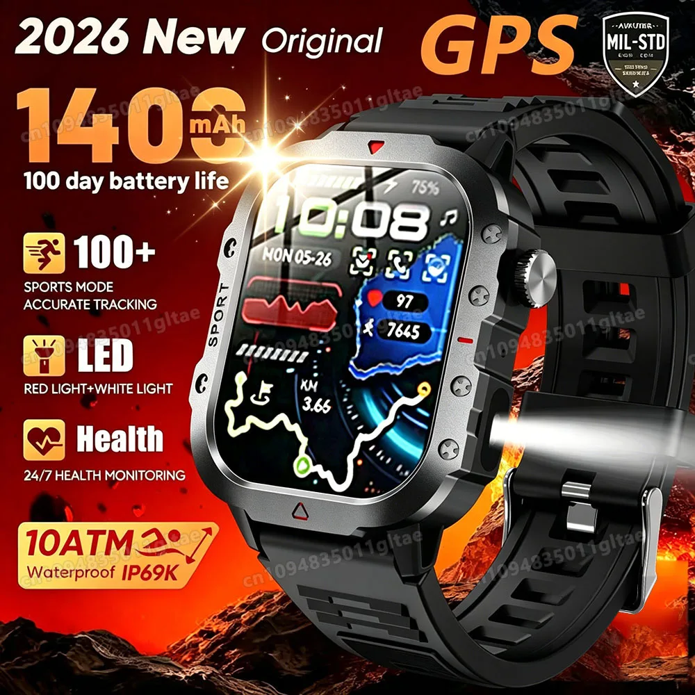2026 New Military Grade Outdoor GPS Smart Watches Men Heart Rate BT Call LED Flashlight 10ATM Waterproof Swim Smartwatch HW12 1