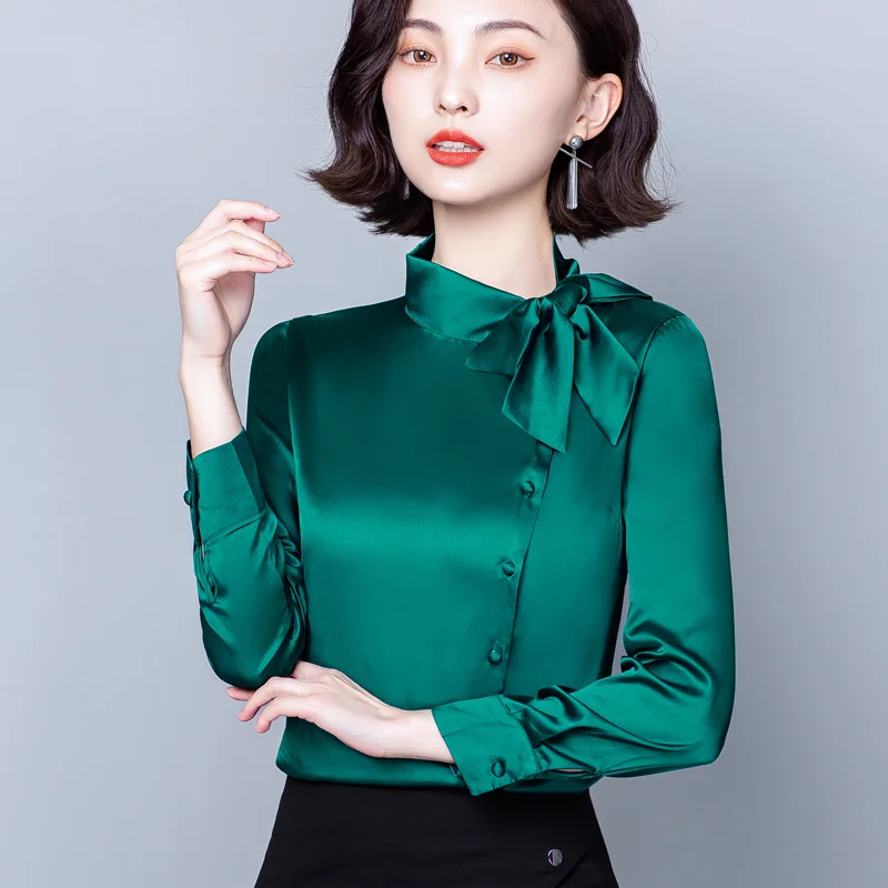 2023 Fashion Office Lady Elegant Youth Blouse for Women Satin Shirts Solid Long Sleeve Bow Stand Collar Stylish Silk Top 10461