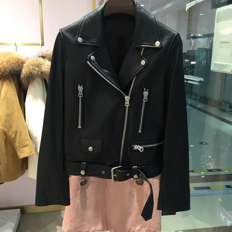 ZCWXM Women Pu Leather Jacket Zipper Belt Short Coat Autumn Female