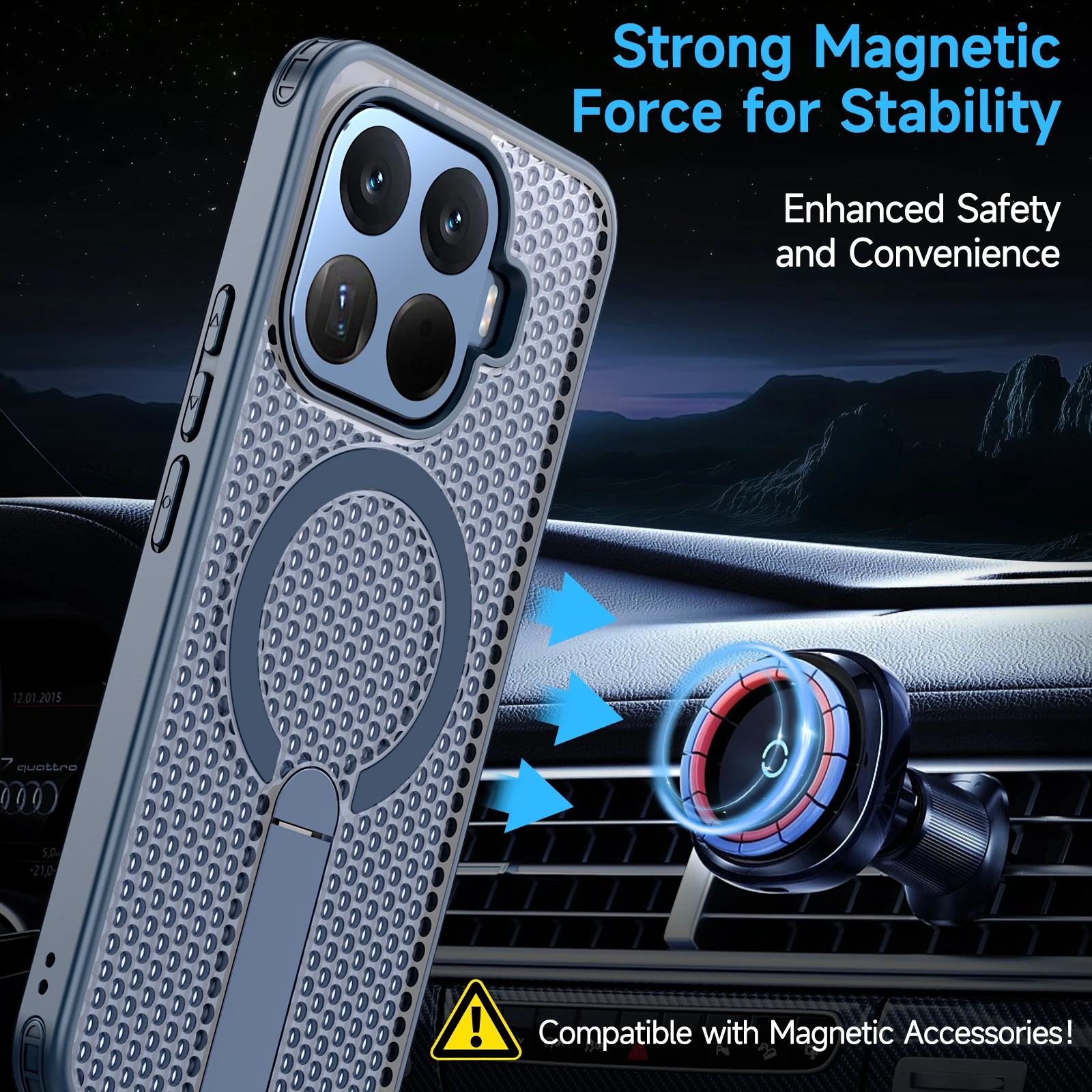 Magnetic Armor Phone Case with Cooling Hole Design and Metal Bracket - TPU Frame Acrylic Shockproof Cover