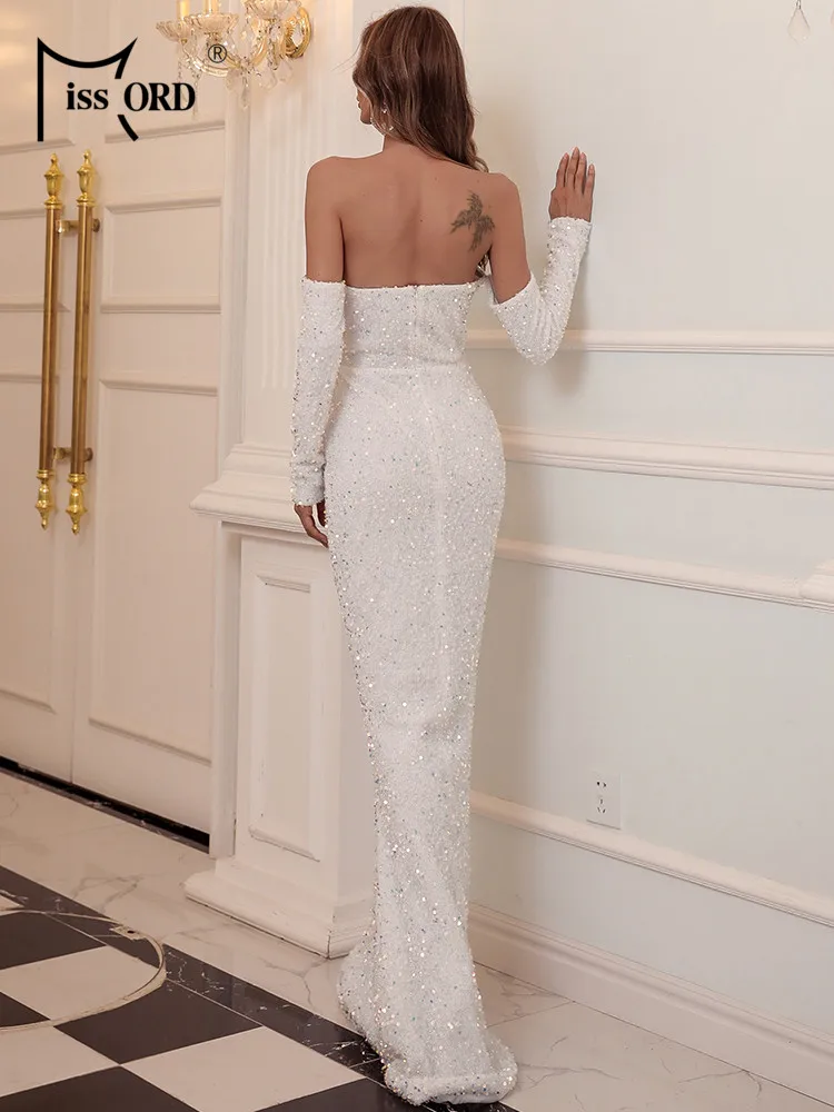 Miss Blonde|Elevate your evening elegance with this Missord white wedding  guest dress, featuring sequined embellishments and a flattering  off-shoulder, long sleeve design for a sophisticated look.