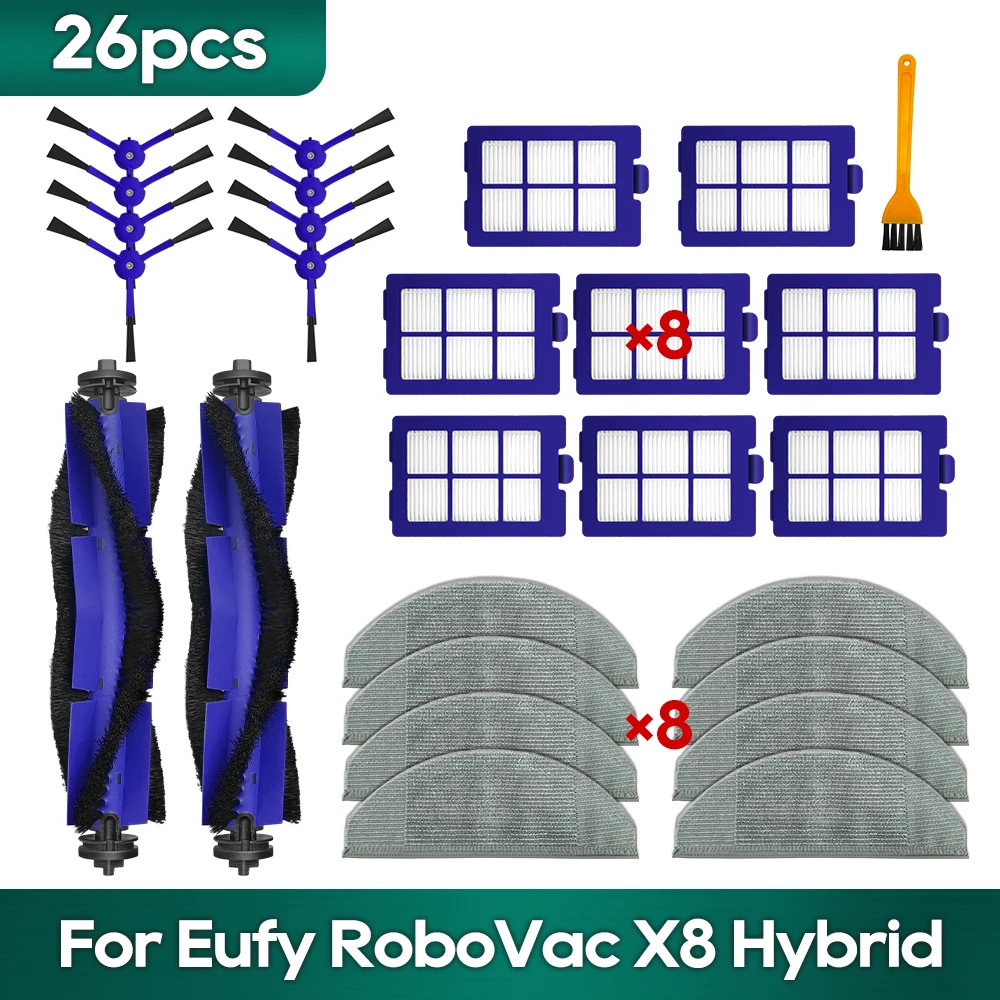 Compatível com o Kit de Peças Sobressalentes e Acessórios para o Eufy Robovac x8 Hybrid Escova Lateral Principal Filtro Hepa Panos de Limpeza e Pano de Limpeza.