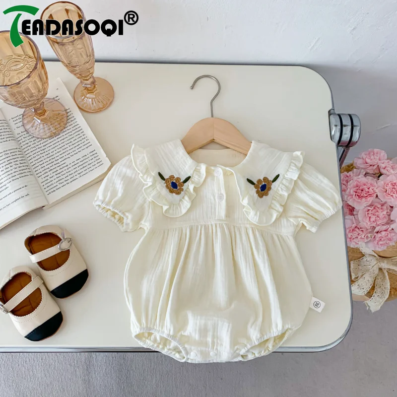 

2024 Summer Bodysuits 유아복 Kids Baby Girls Short Sleeve Turn Down Collar Embroidery Flower Cotton Outwear Infant Newborn 0-2Y