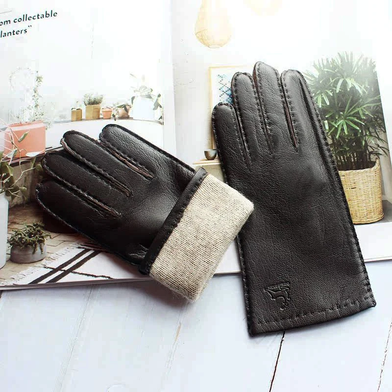 Women's Deer Skin Touch Screen Genuine Leather Gloves With Wool Lining For Autumn and Winter Warmth Motorcycle Riding Gloves
