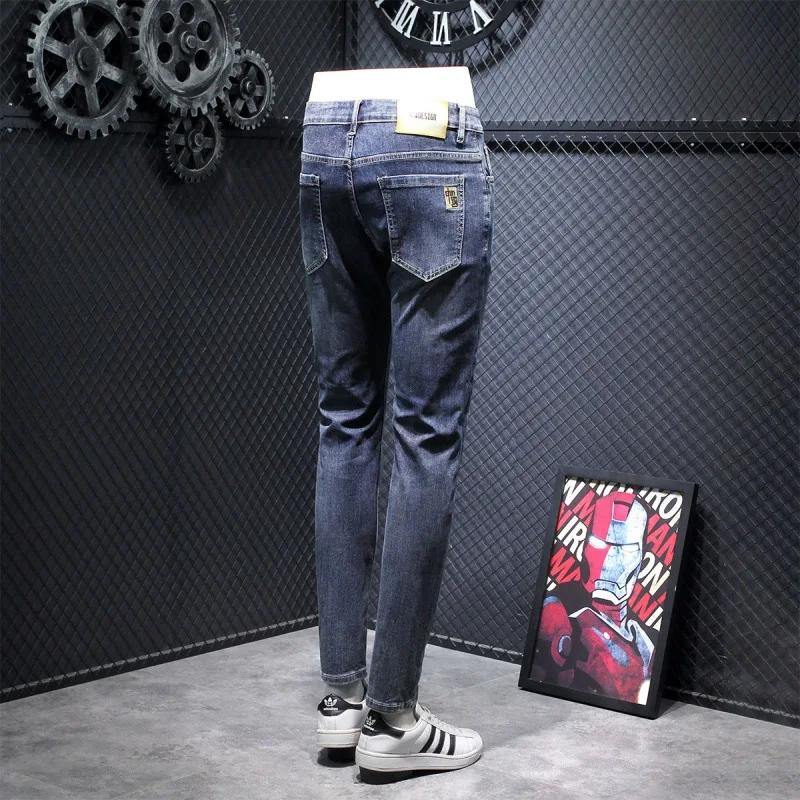 2024 Embroidered Jeans Men's Slim-Fitting Small Straight Stretch Fashion Trendy Casual All-Matching High-End Blue Men's Pants