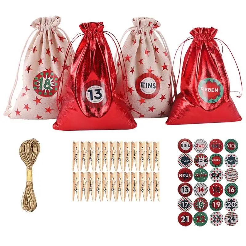 

24pcs Linen Gift Bags Colorful Christmas Candy Pouch Xmas Decoration Sacks Clip Rope Stickers Sets Party Festive Supplies 2022