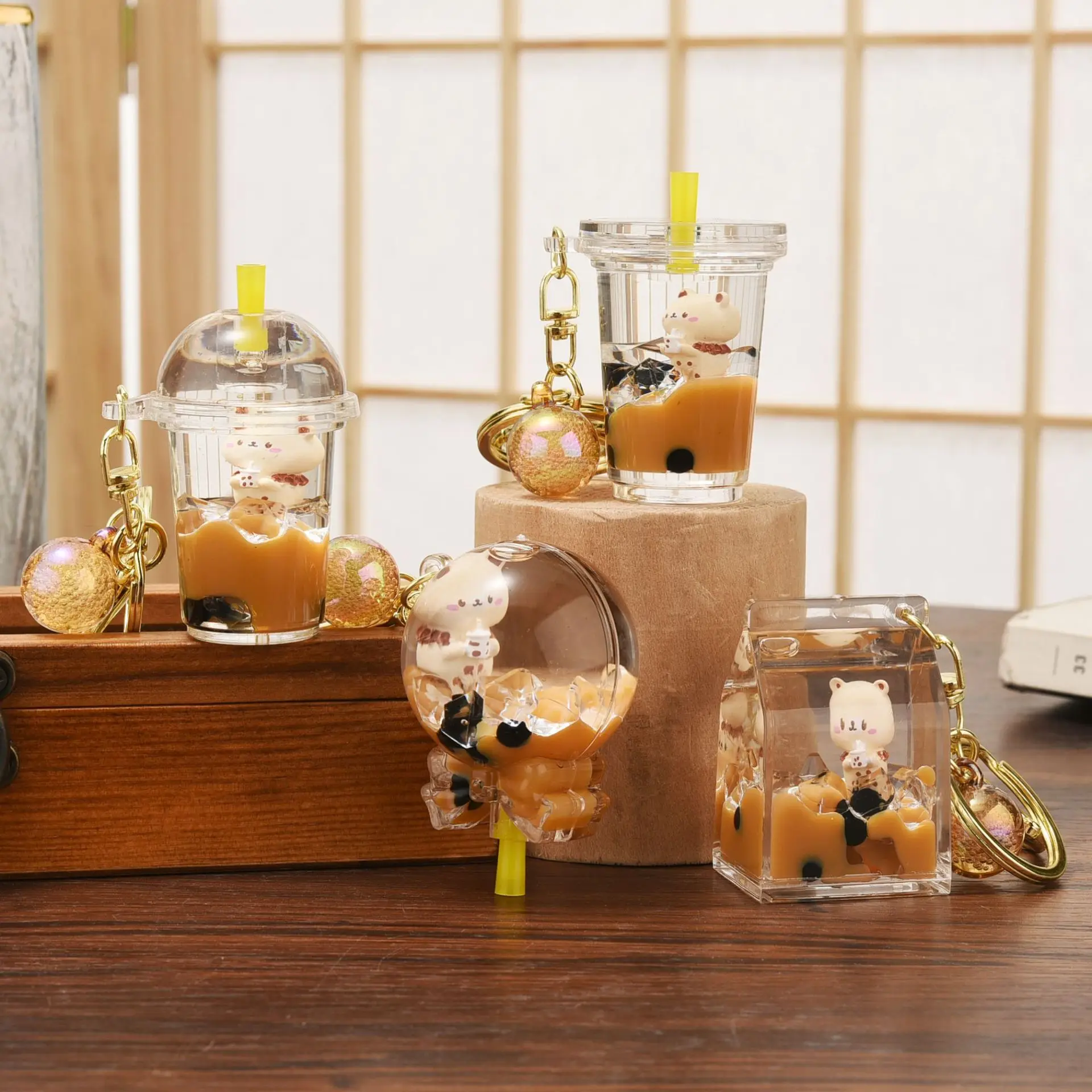 Creative Floating Pearl Milk Tea Into Oild Bear Key Chain