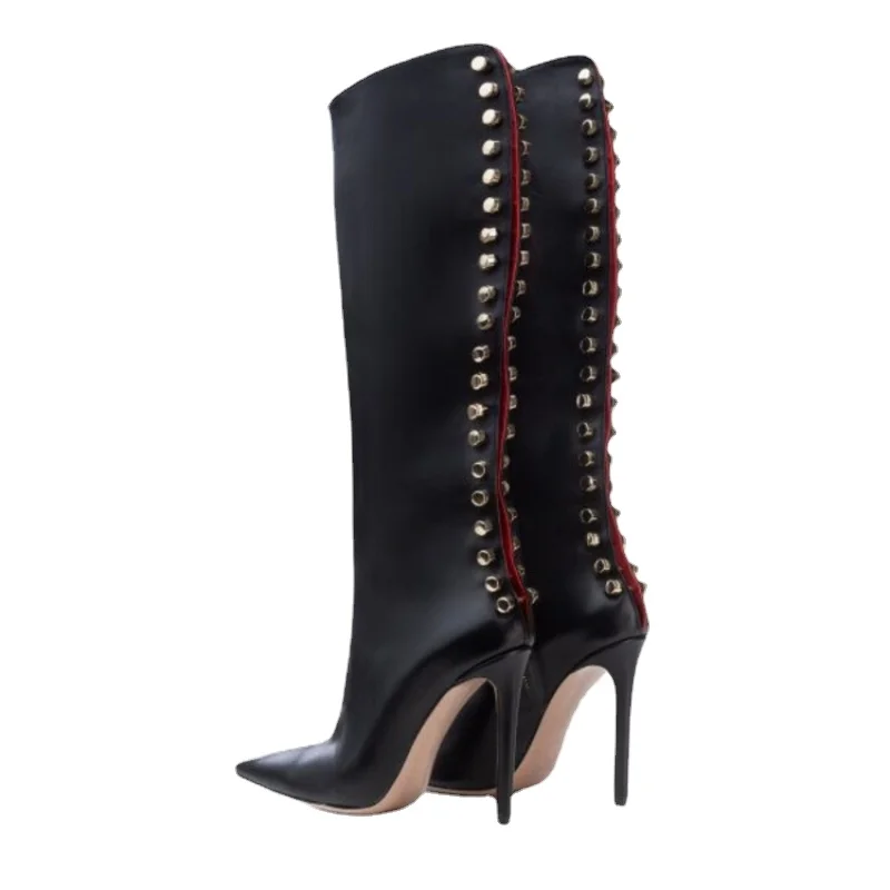 

New Fashion Metal Rivet Knee Boots for Women 2023 Autumn Sexy Luxury High Heel Pointed Dress Party Banquet Big Size Shoes 43 45