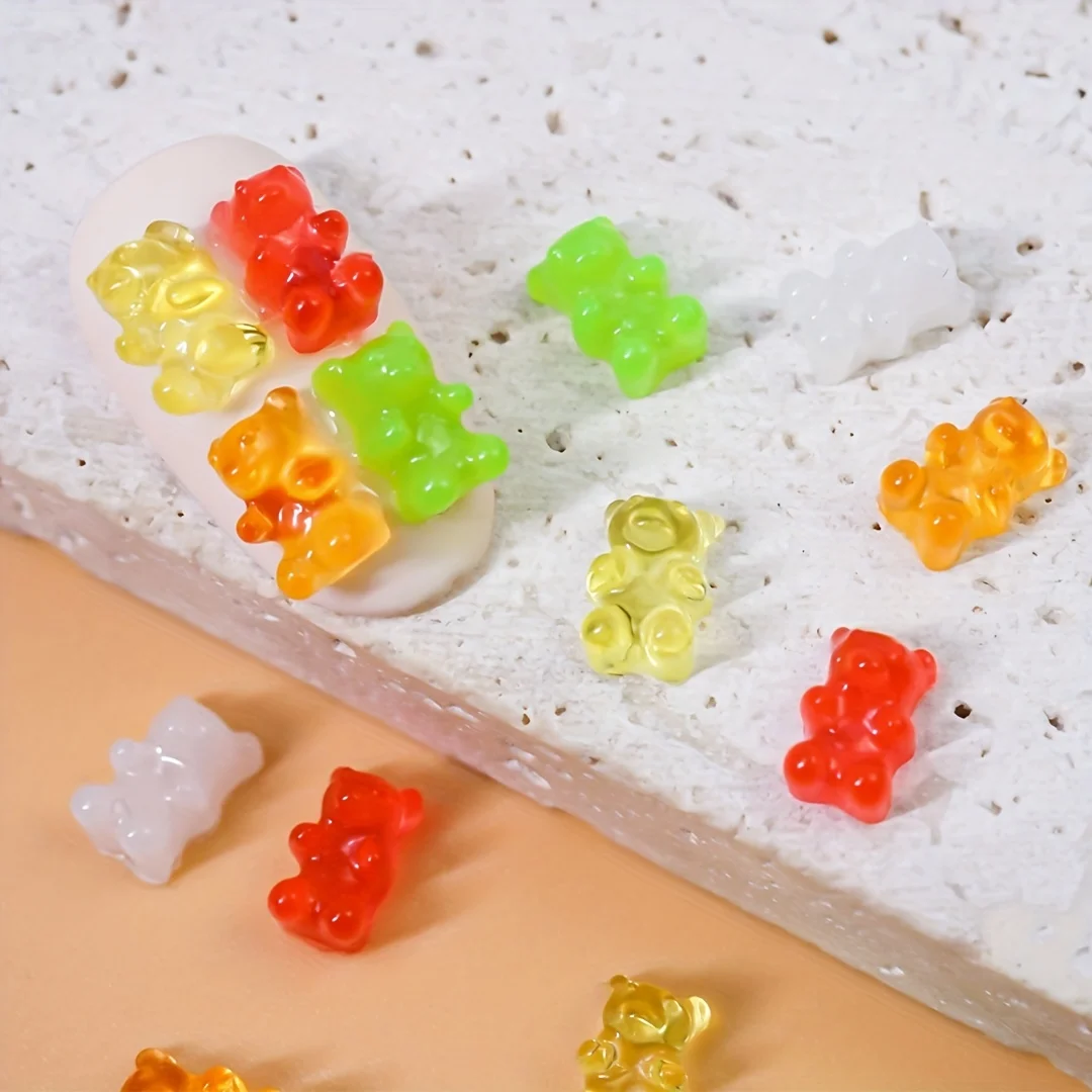 50pcs 캔디 컬러 귀여운 카와이 수지 곰 네일 매력 다채로운 플랫 백 3D 손톱 부품 DIY 라인 석 매니큐어 액세서리