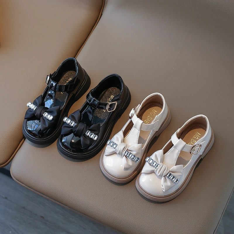 Girl Leather Shoes Diamante Bowtie T-strap Flat Shoes Chunky Autumn Hook-loop 26-36