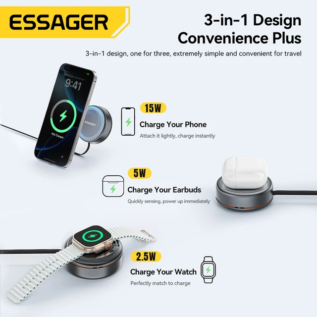 Essager 15W 3 in 1 Magnetic Wireless Charger With 96cm Retractable Type-C Cable