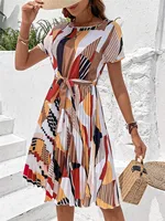 Elegant Print Lace-up Dress Summer Women Round Neck Pleated Medium Long Dress - Image 4