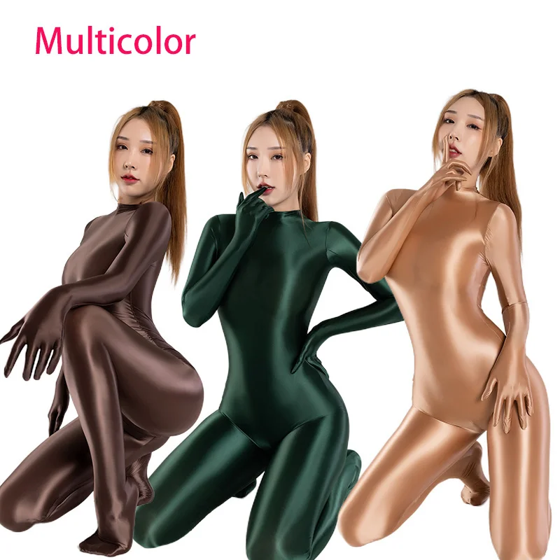 

SENMHS 6 Colors Sexy Women Glossy Swimsuit Long Sleeve Teddies Bodysuit Bodystockings Silky Full Body Suit Jumpsuit Rash Guard