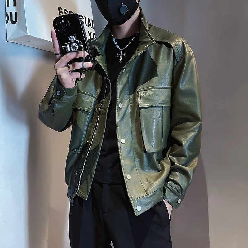 봄 가을 남성 작업 가죽 자켓 트렌디 브랜드 바이커 자른 자켓 2023 새로운 캐주얼 가을 컬렉션 남성