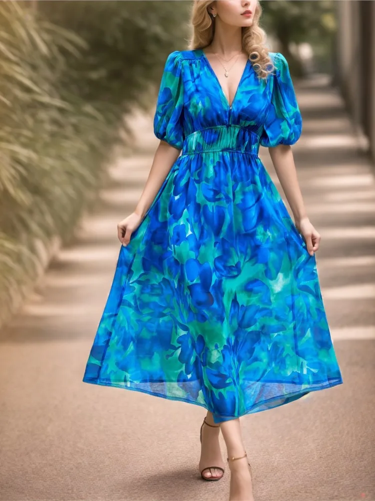 Elenzga V-Neck Floral Cinched Waist Flattering Floral Print Long Dress For Women  | ChicGrl