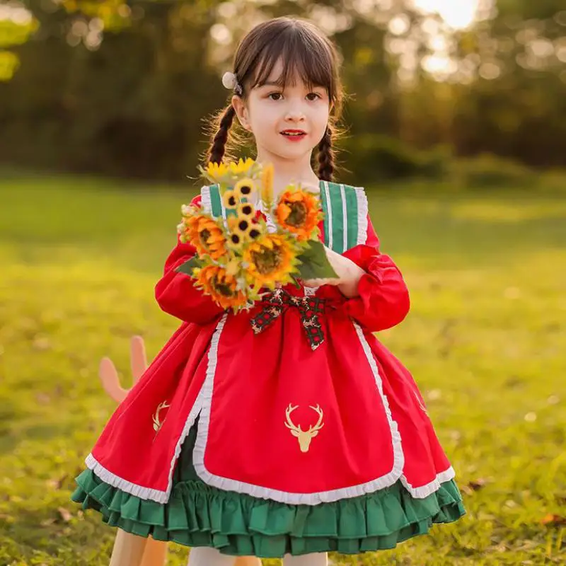 

Spanish Style Thickened Lolita Dress For Girls Long Sleeve Ruffle Hem Mid Length Gowns With Bow Baby Toddler Kids Party Clothes