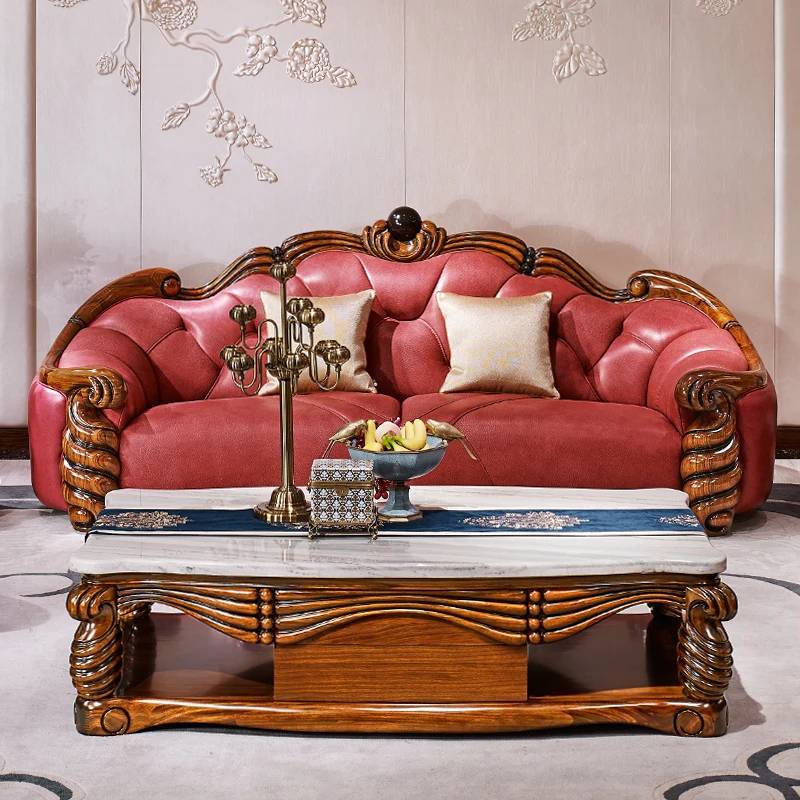 

European style villa sofa imported ebony solid wood carved top layer leather sofa