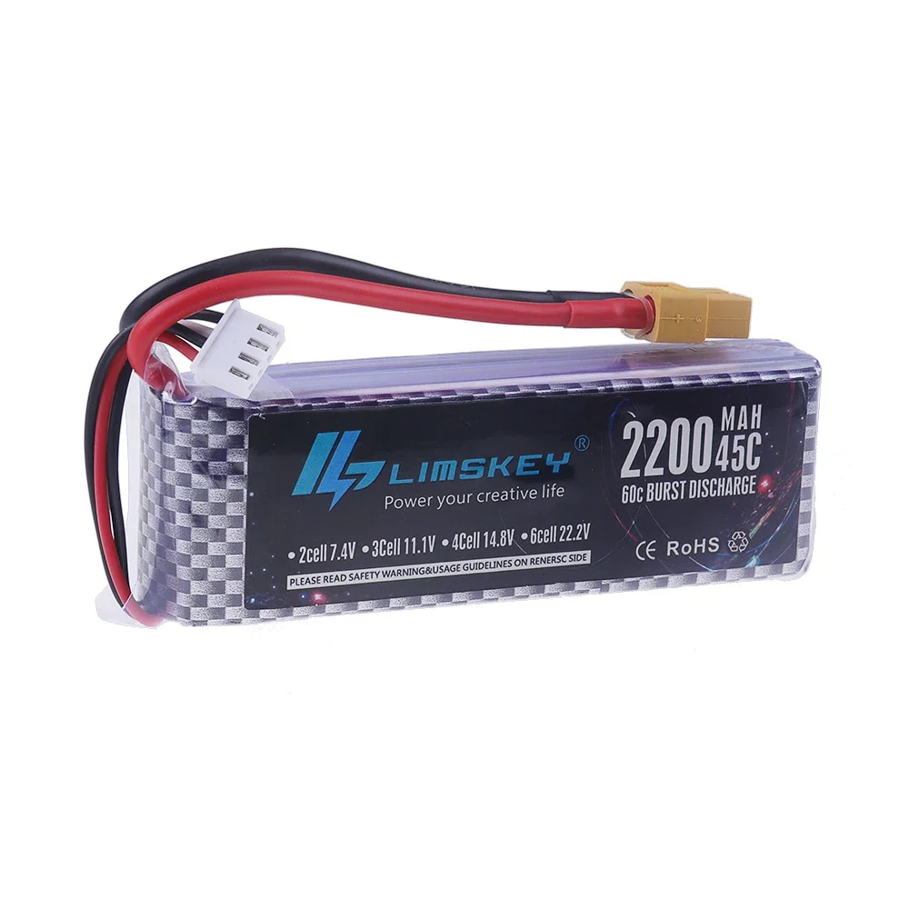 Gros plan sur les connecteurs XT60, T, JST et XT30 de la batterie LiPo 3S 11.1V 1500mAh 20C
