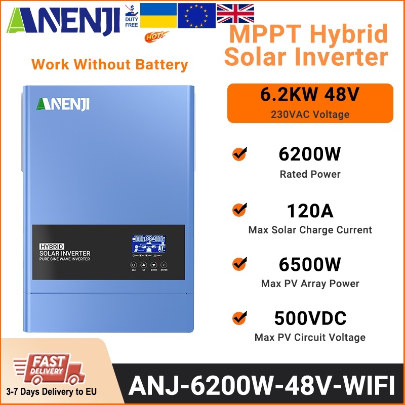 6.2KW Hybrid Solar Inverter 230V 48V Pure Sine Off Grid On Grid Inversor 120A MPPT Solar Charge Controller for PV Solar Panels