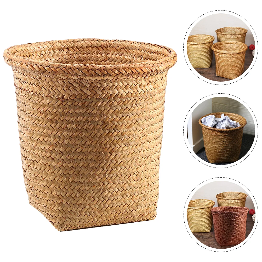 

Basket Trash Can Woven Storage Wicker Waste Garbage Rattan Bin Laundry Sundries Wastebasket Paper Container Baskets Seagrass