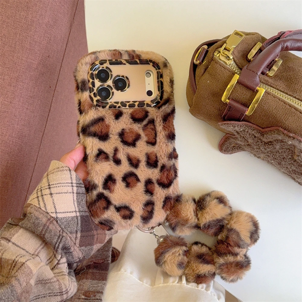 Chic Leopard Print Shockproof Furry Phone Case with Candy Colors