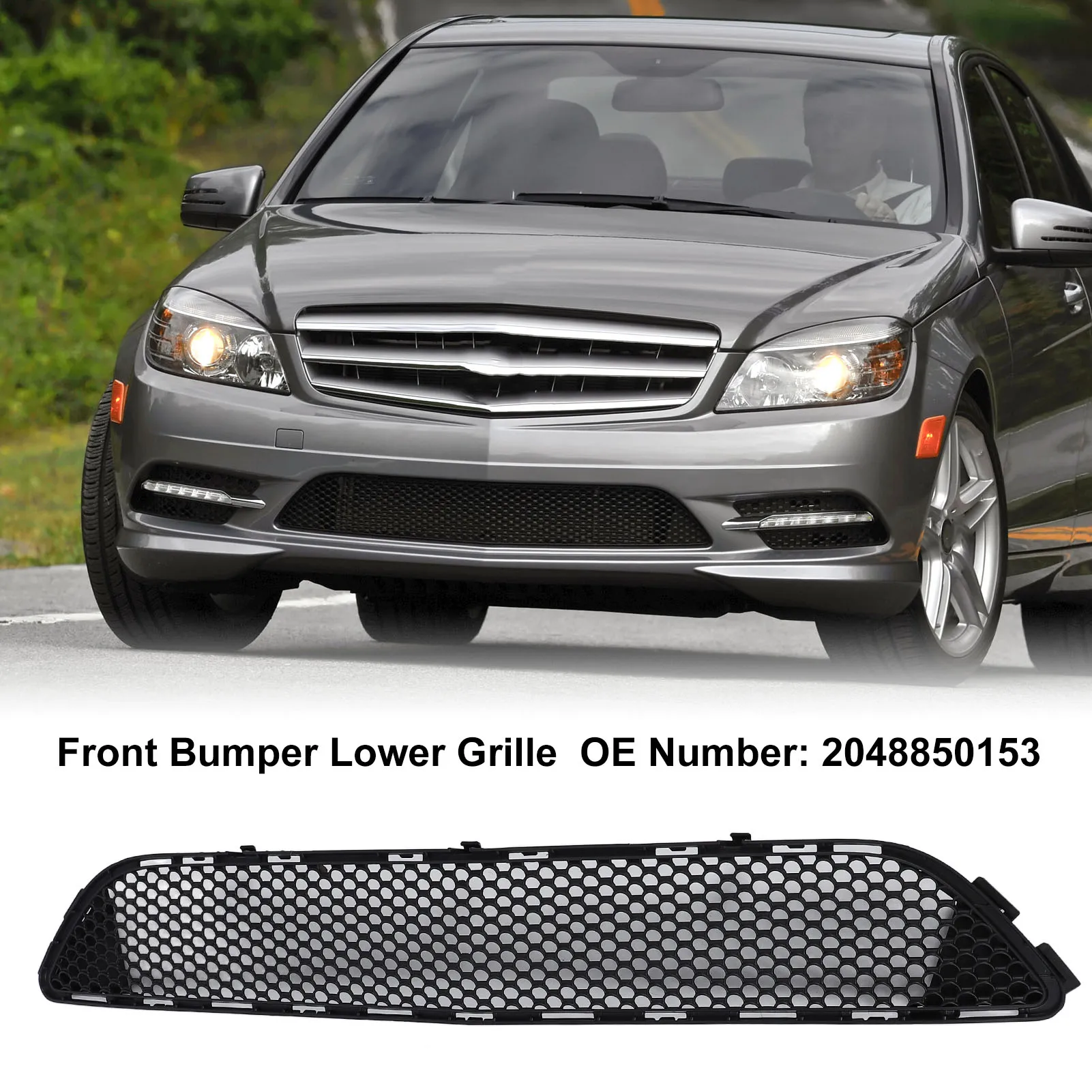 Car Exterior Accessories Car Grill Mesh Grille Braces Front Bumper Lower Grille 2048850153 High Strength Protective Sturdy Center Mesh Grill for C‑Class W204 Amg Line 2008 To 2011