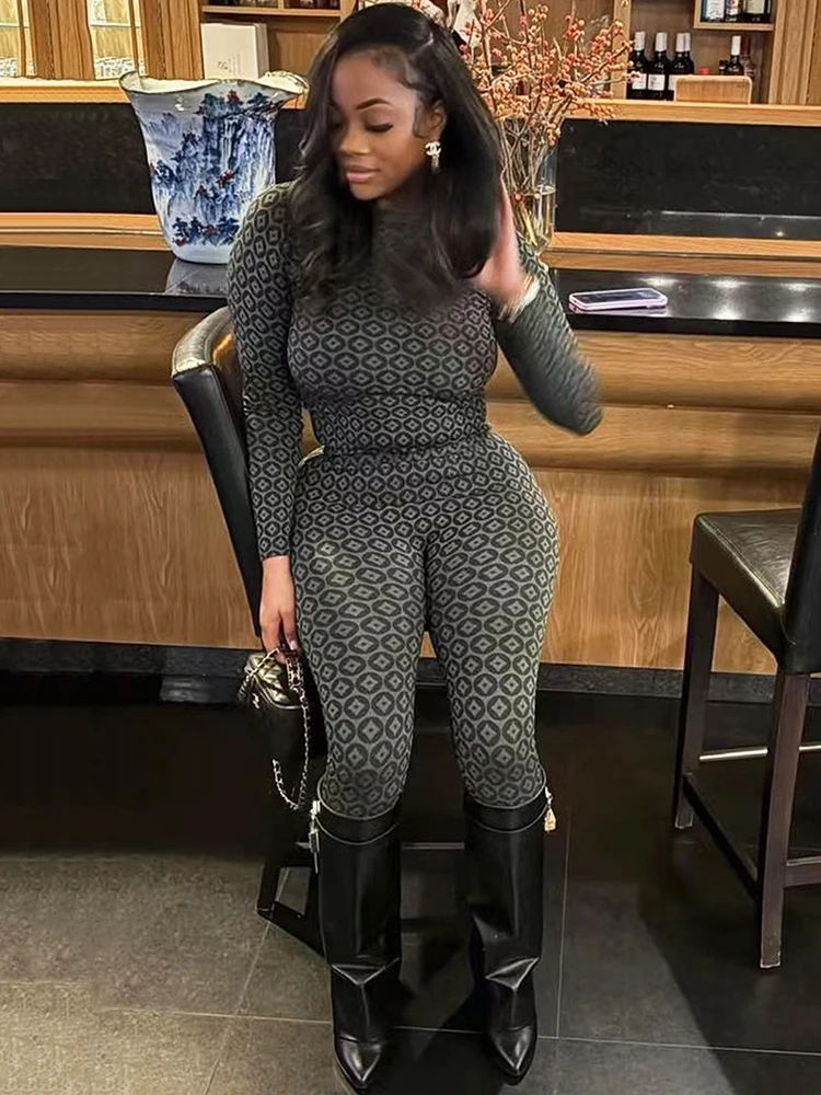 Sibybo Fashion Printed Women 2 Piece Set Sexy Club Party Outfits Round Neck Long Sleeve Crop Top High Waist Pants Matching Suits