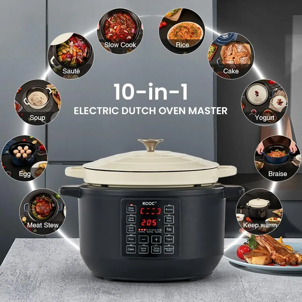 10-in-1 Slow Cooker 6 qt White, Electric Dutch Oven, Slow Cook, Braise Pot, Sear/Sauté, Enameled Cast Iron with Self-Bastin 2
