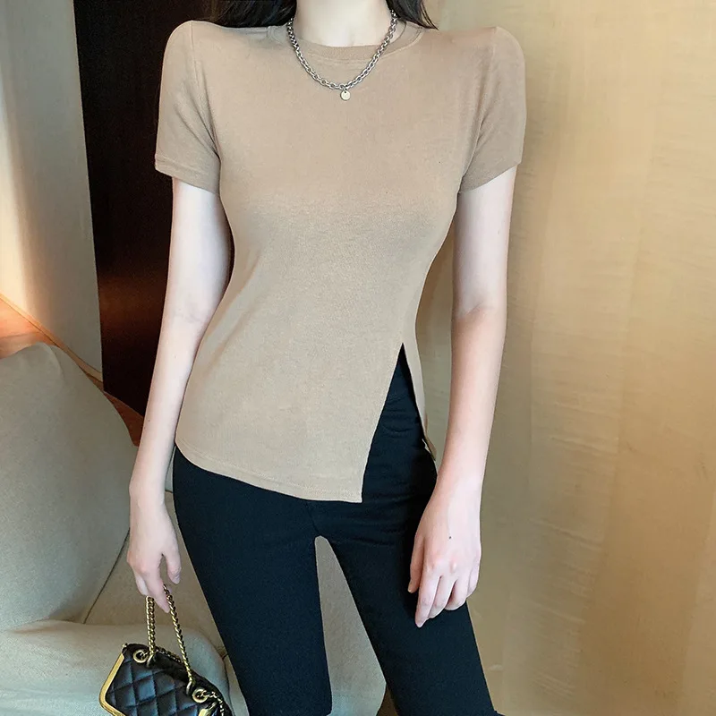 Camiseta de manga curta magra feminina, top