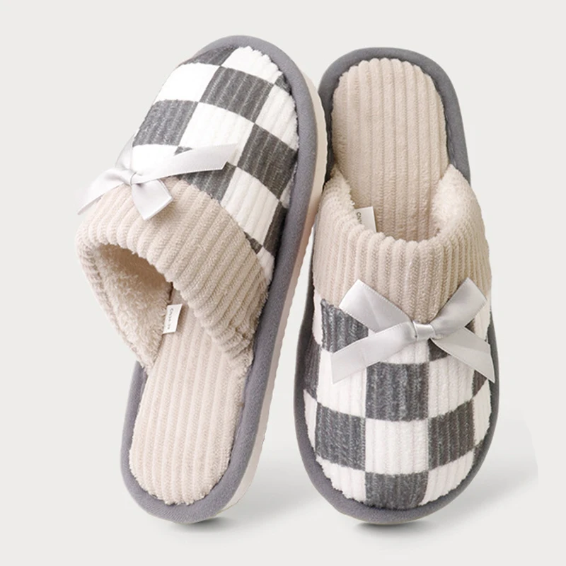Mix Color Plaid Bowknot Cotton Slippers Women Comfort Soft Sole Non Slip Home Slipeprs Woman Thicken Plush Warm Fluffy Slides