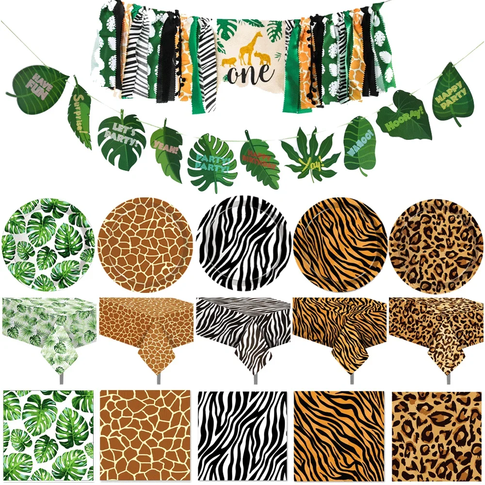 

1Set Woodland Animal Leopard Tiger Print Plate Tablecloth Napkins Banner Jungle Safari Wild One Birthday Party Decoration Favors