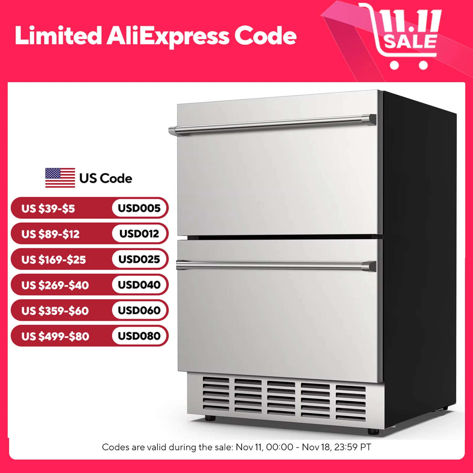 24 Inch Under Counter Double Drawer Fridge Indoor and Outdoor Beverage Refrigerator Stainless Steel Beverage Fridge Foam Door
