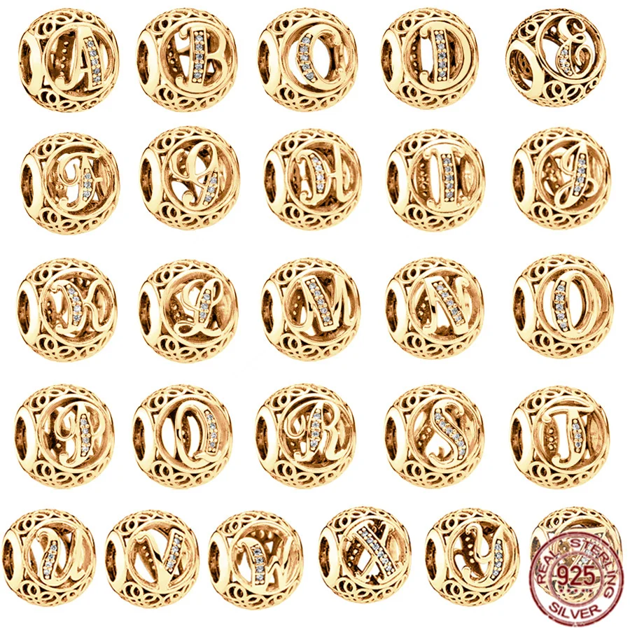 

Gold Plated 925 Sterling Silver Openwork Letter A-Z Alphabet Charm Bead Fit Original Pandora Bracelet Bangle DIY Women Jewelry