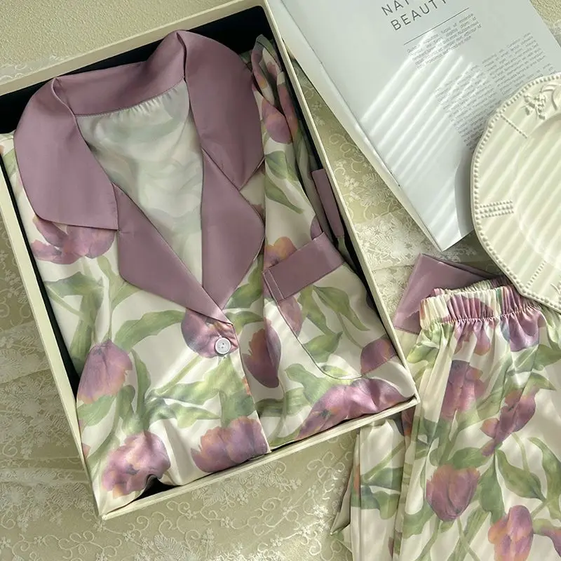 Korean Ins Pajamas for Women Summer Ice Silk Long Sleeved Sweet Tulips Advanced Sense Home Wear Silk Spring and Autumn Suit