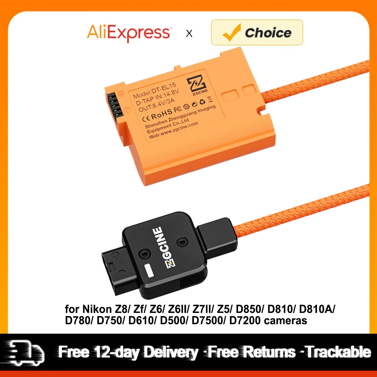 ZGCINE EN-EL15 Dummy Battery with D-Tap Connector Power Cable D-Tap to EN-EL15 Dummy Battery for Nikon Z8/ Zf/ Z6/ Z6II cameras