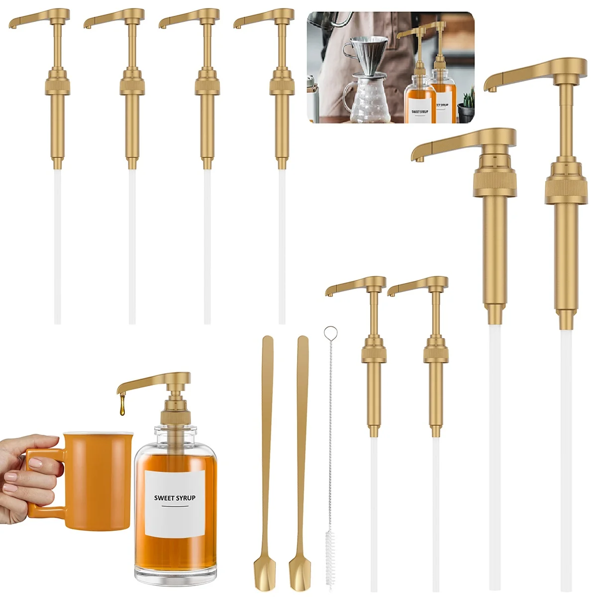 Pompe À Sirop 6pcs Avec Brosse De Nettoyage En Acier Inoxydable 2pcs, Pompe  À Sirop De Café, Bouteille De Pompe Réutilisable, Tête De Pompe À Sirop