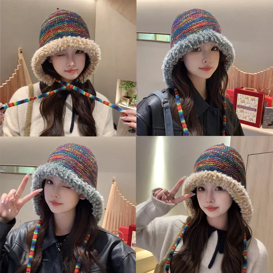 New Autumn Women Knitted Beanie Cap Rainbow Striped Beanies Hats Winter Warm Hip Hop Punk Reggae Skull Hat  Korea Style Gorro 4