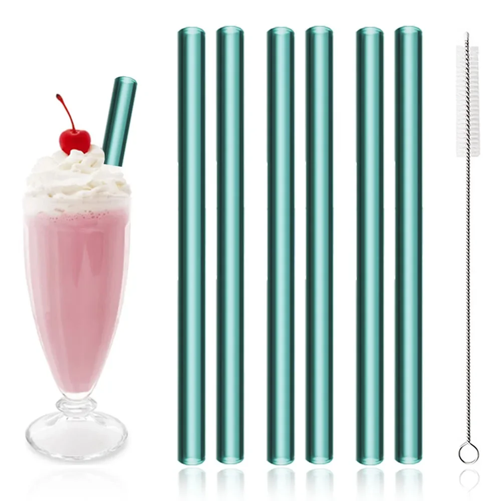 Deluxe Set of 7 Reusable Wide Glass Drinking Straws for Smoothies and Bubble Tea