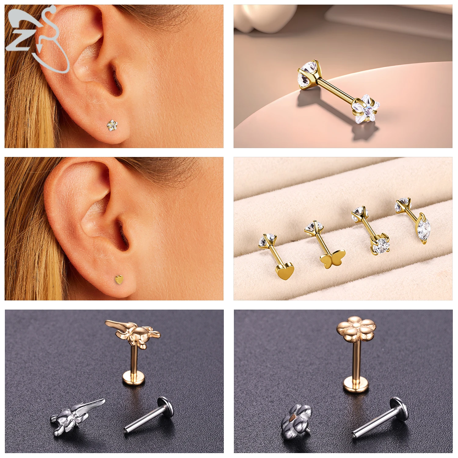 ZS 1개 16G/18G 스테인리스 스틸 라브렛 립 링 내부 나사형 립 스터드 무당벌레 나비 귀걸이 6mm/8mm 연골 귀걸이