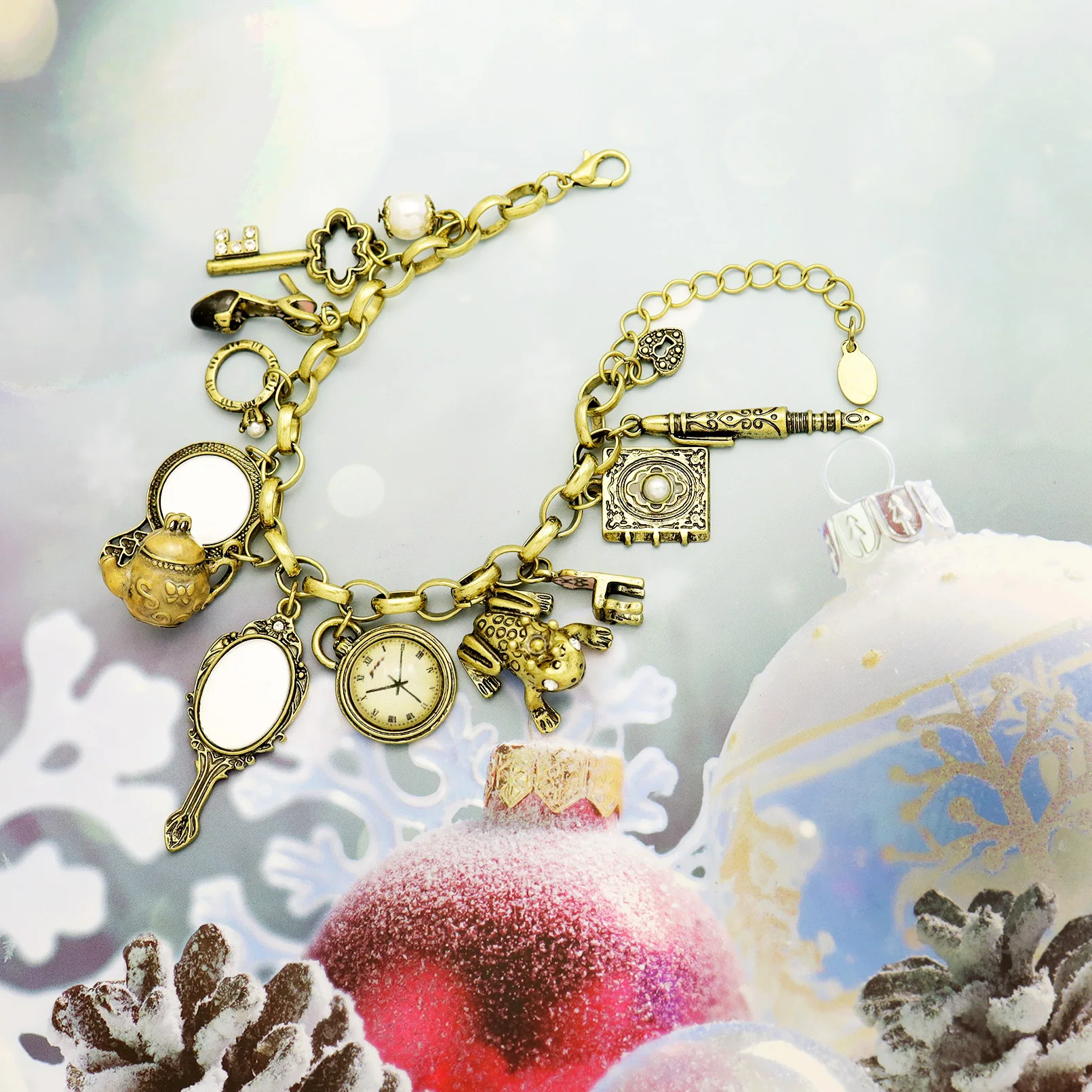Vintage Wonderland Mirror Charms Beads Link Chain Crystal Bangle Bracelets for Women bracelet jewelry