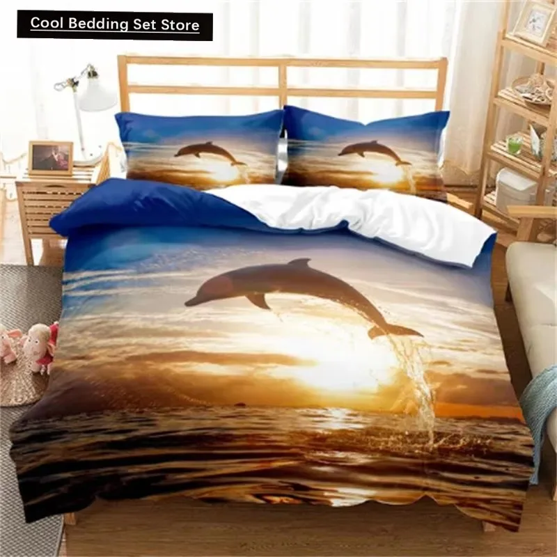 Hot Dolphin Bedding Sets Anime Sea HD Dolphin Bedspread for Teens Girls Fashion Twin Single Queen King Full Size Duvet Cover 2