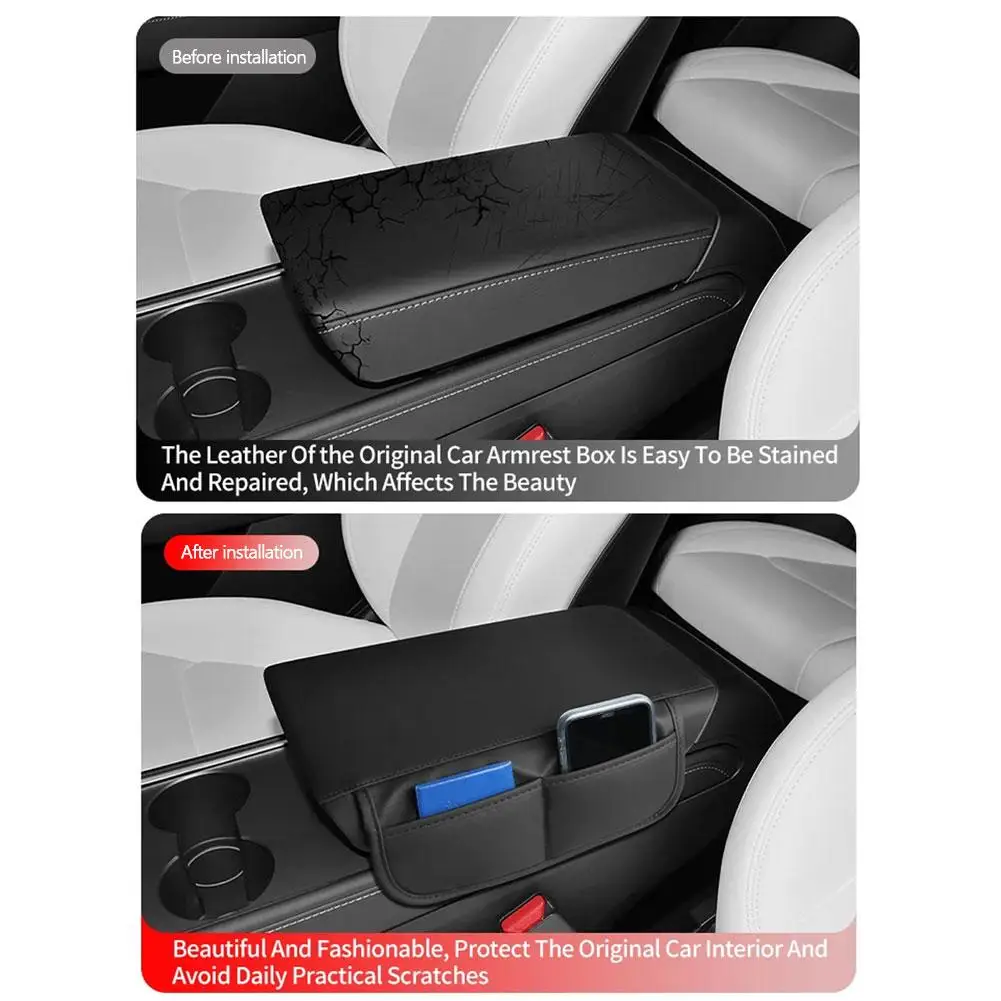 센터 콘솔 팔걸이 박스 커버 가죽 쿠션 수납 기능 포함 모델 3 하이랜드/모델Y Ju Y5F6용 인테리어 액세서리