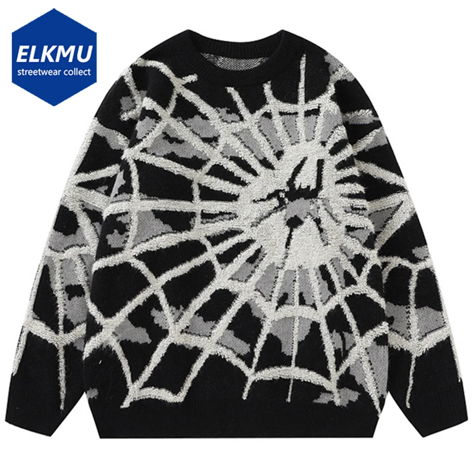 

Hip Hop Fuzzy Sweater Streetwear Harajuku Knitted Fluffy Spider Web Jumpers Men Punk Gothic Loose Knitwear Fashion Sweater