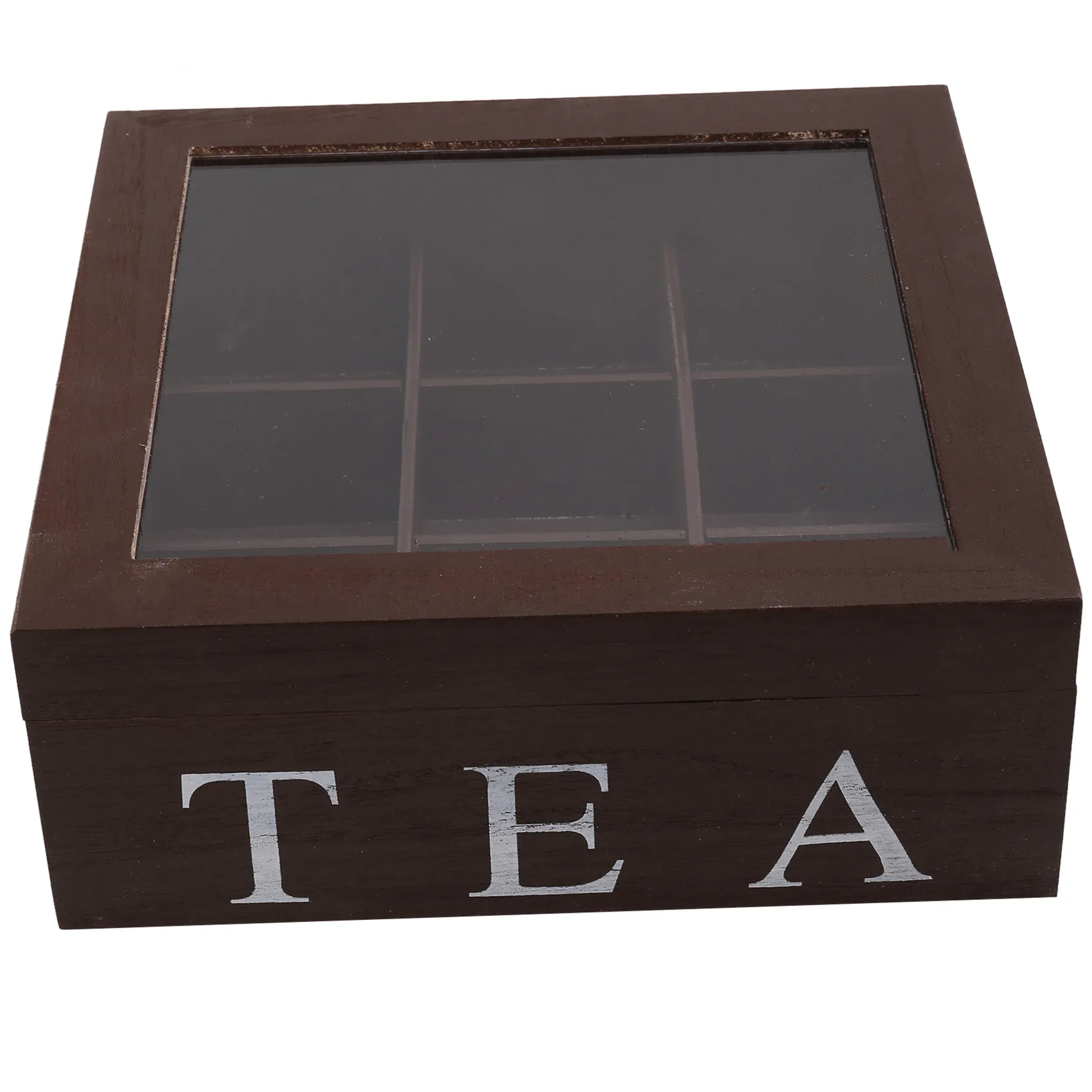 

Wooden 9 Grids Tea Box Tea Bags Container Storage Box Square Gift Box Case Transparent Top Lid Jewelry Storage Box-Red Wine colo